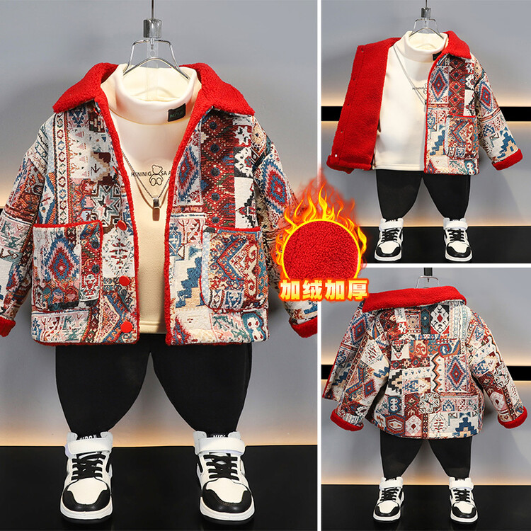 男童拜年服2024新年衣服红色男孩厚外套唐装国风儿童中国风拜年服