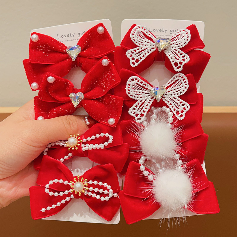 儿童发夹女童红色蝴蝶结发卡过年头饰喜庆毛绒侧边夹女孩新年发饰