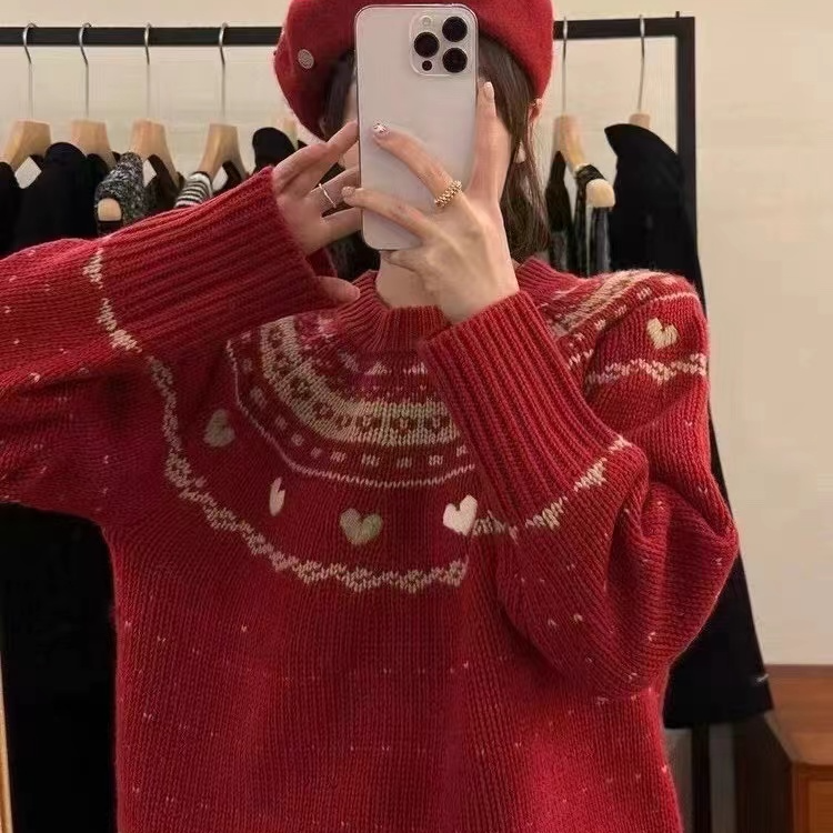 阿咪-E2爱心提花圆领加厚毛衣洋气撞色新长袖宽松慵懒风针织上衣