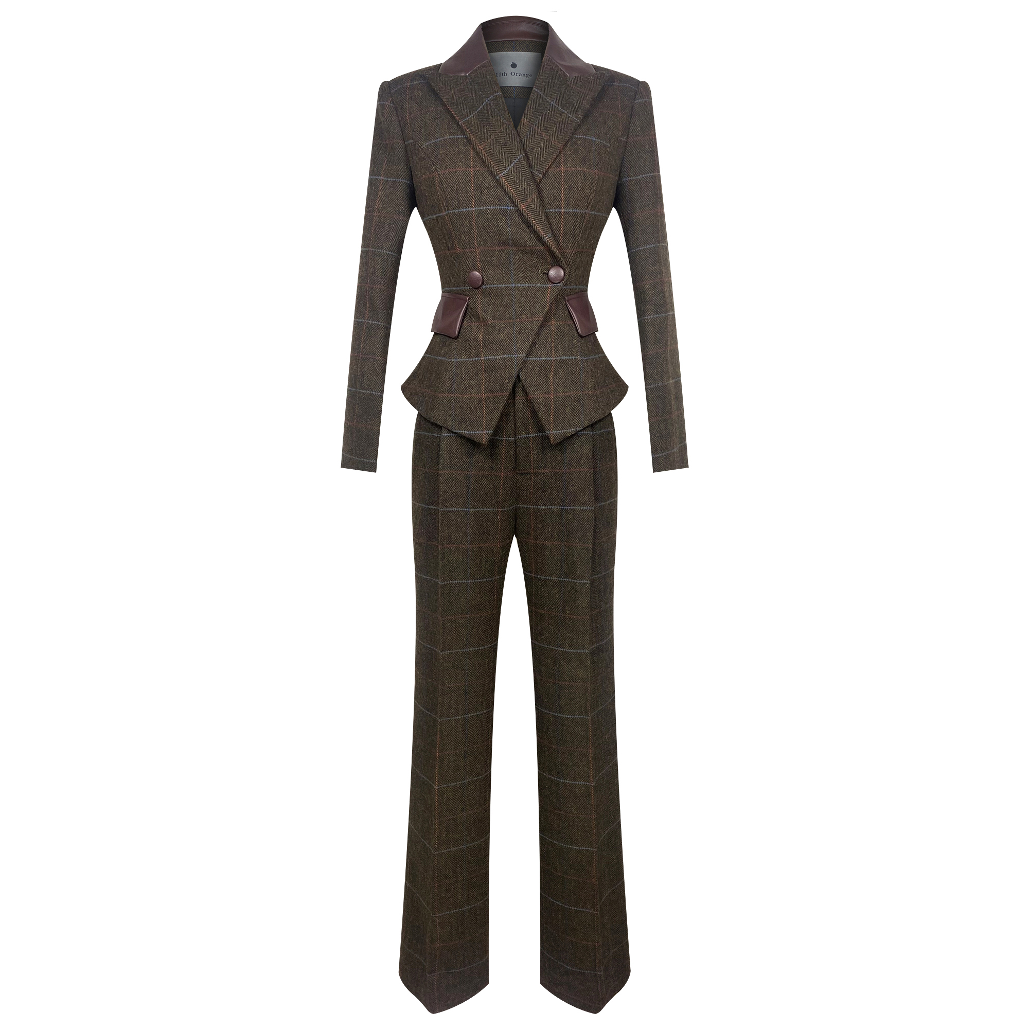 2023新款西服小众毛呢复古风原创设计格纹西装上衣阔腿裤两件套