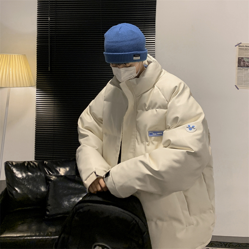 米白色港风贴标休闲棉衣男士冬季潮牌痞帅新款保暖加厚高级感外套