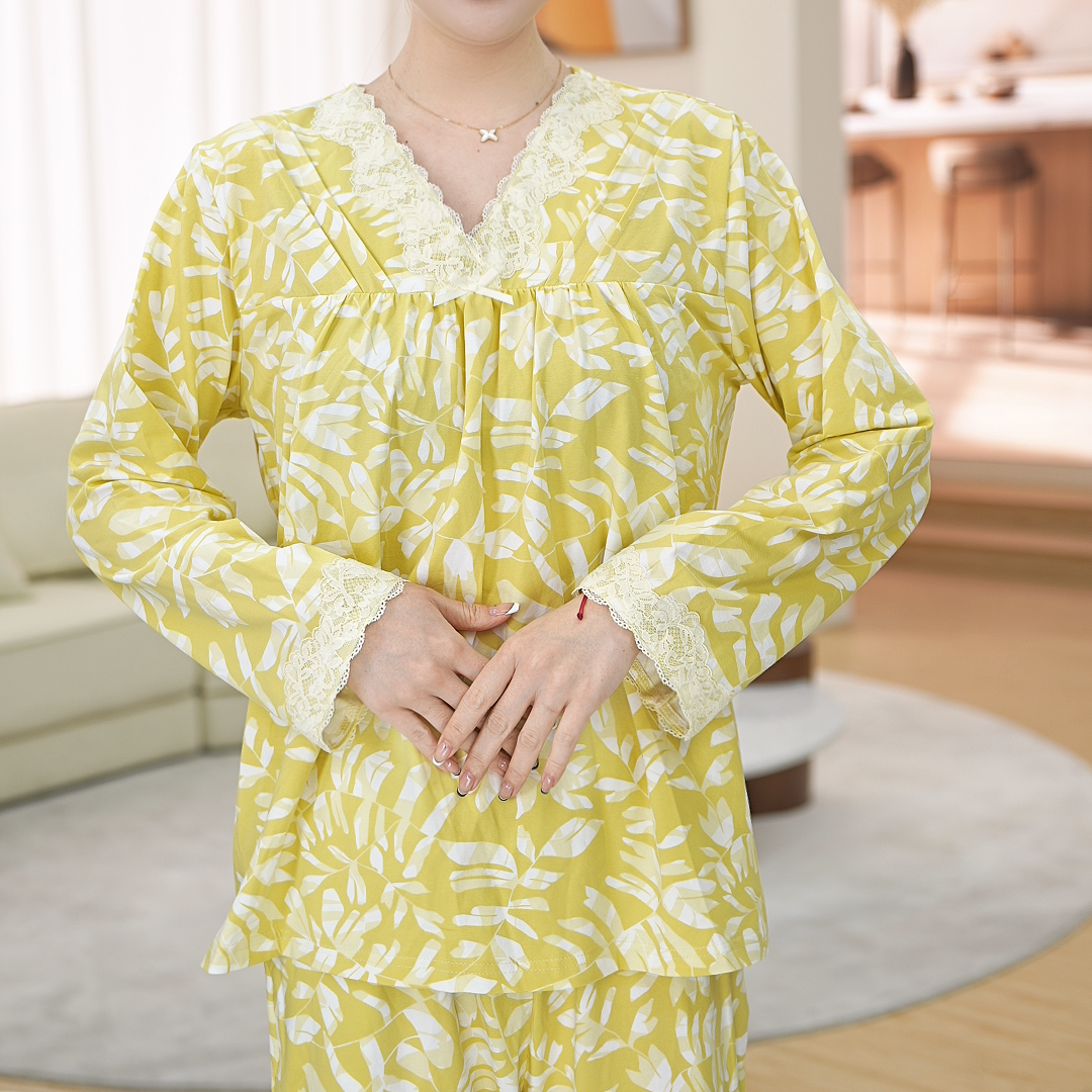 秋鹿针织玫瑰棉氨印花V领长袖长裤舒适女睡衣套夏季