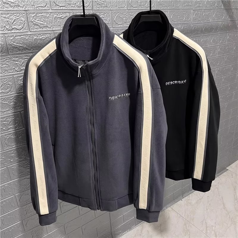 【唯方】秋冬季撞色拼接立领奥利颗粒绒夹克外套男士休闲重磅宽松