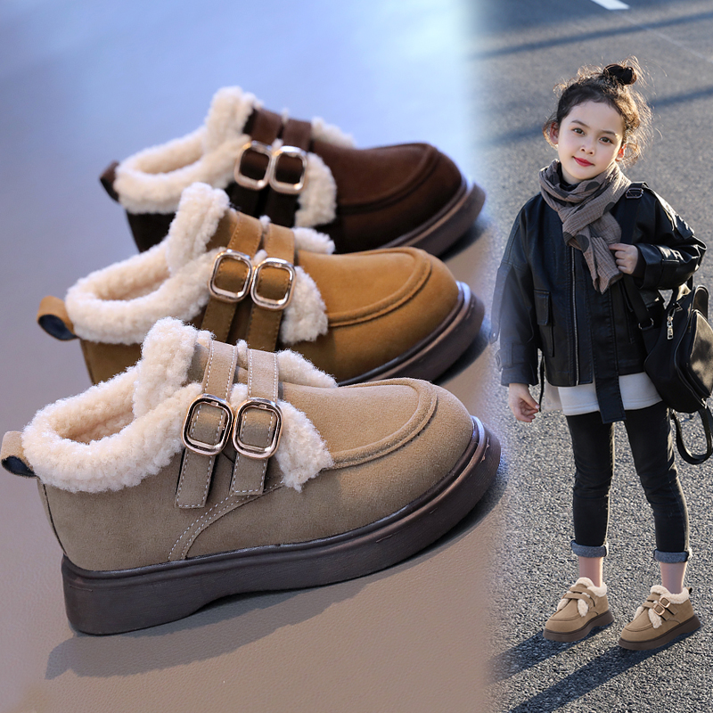 XHXL女童棉鞋童鞋宝宝新款磨砂皮面秋冬毛毛鞋儿童加绒加厚豆豆鞋