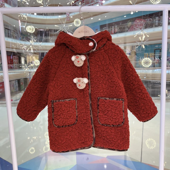 皇室童缘2024冬季女童新品时尚红色公仔呢子大衣15880126001