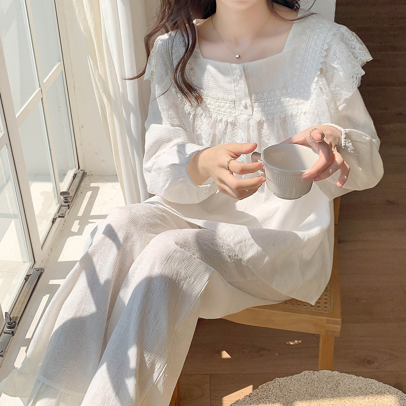 睡衣女春秋季新款长袖长裤套装甜美可爱公主风方领显瘦家居服外穿