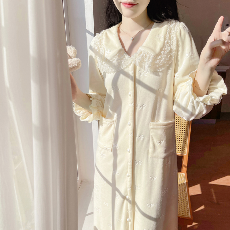BIEN海岛绒睡袍女秋冬季2025新款甜美可爱公主宫廷风家居服蝴蝶结