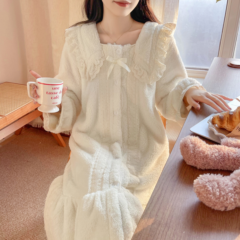 BIEN睡袍女冬季甜美可爱公主宫廷风保暖加厚睡裙家居服珊瑚绒睡衣