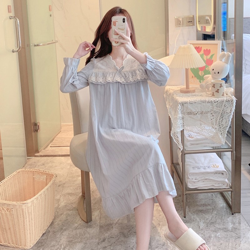 睡裙女生春秋季新款睡衣宫廷风长袖可爱甜美纯棉家居服可外穿宽松