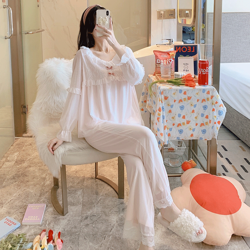 2025甜美睡衣女春秋网纱莫代尔长袖仙女宫廷蕾丝公主风家居服套装