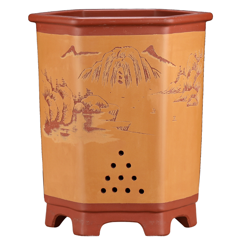 宜兴原矿精品六方刻绘兰花盆