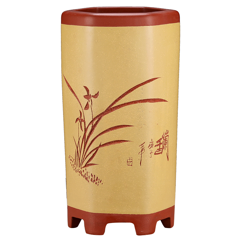 宜兴原矿精品刻绘六方千筒兰花盆