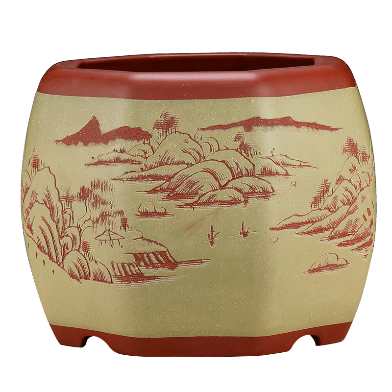 宜兴原矿精品刻绘八方盆