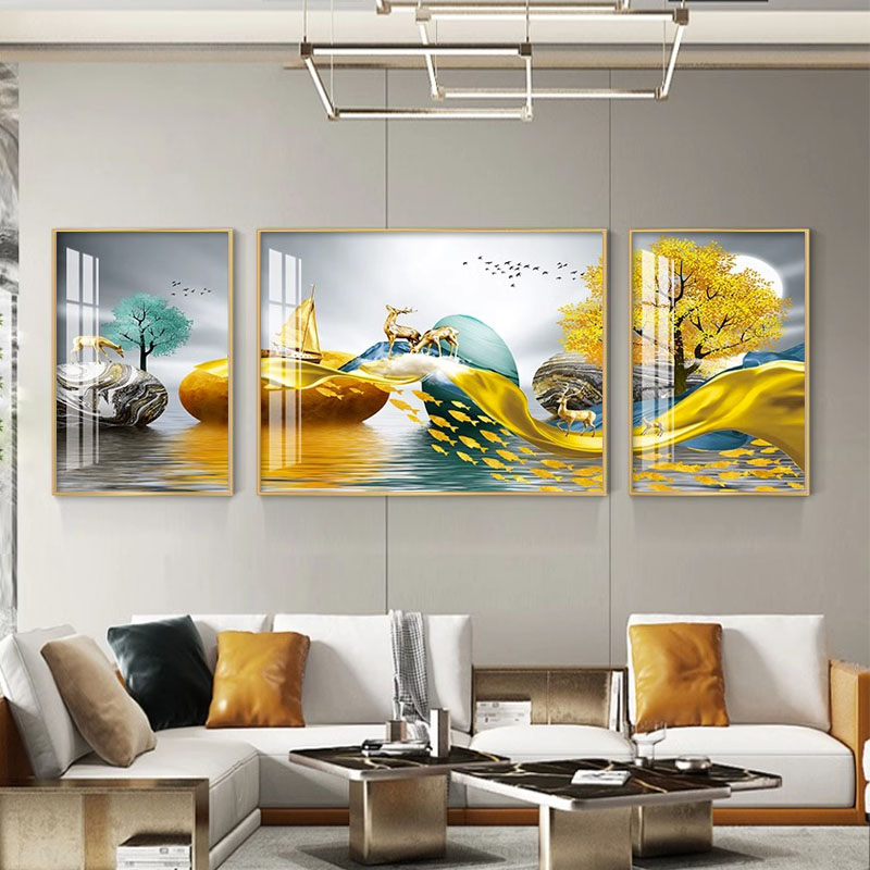 轻奢客厅装饰画沙发背景墙壁画现代简约大气三联画餐厅挂画晶瓷画