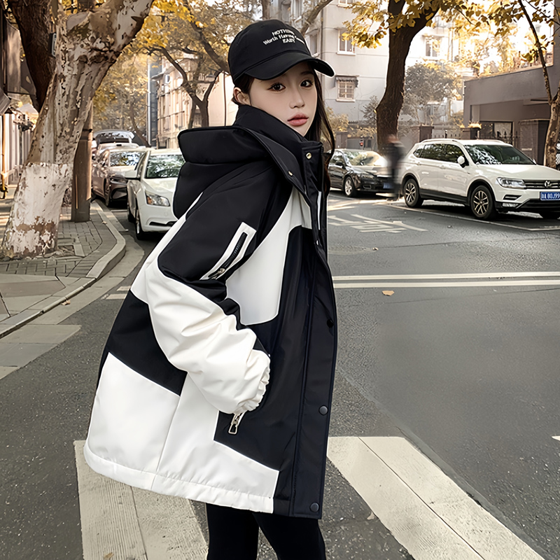 2025年冬季新款羽绒棉服女撞色棉衣韩版情侣加厚冲锋衣宽松外套潮