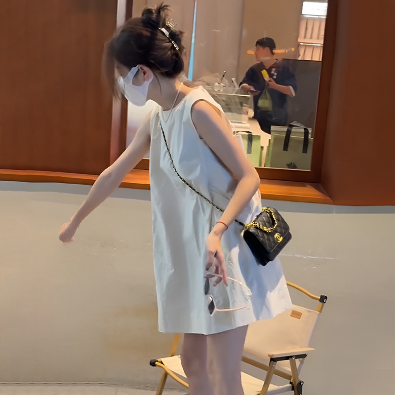 韩版设计感口袋纯色无袖背心裙女夏季小个子宽松连衣裙显瘦短裙