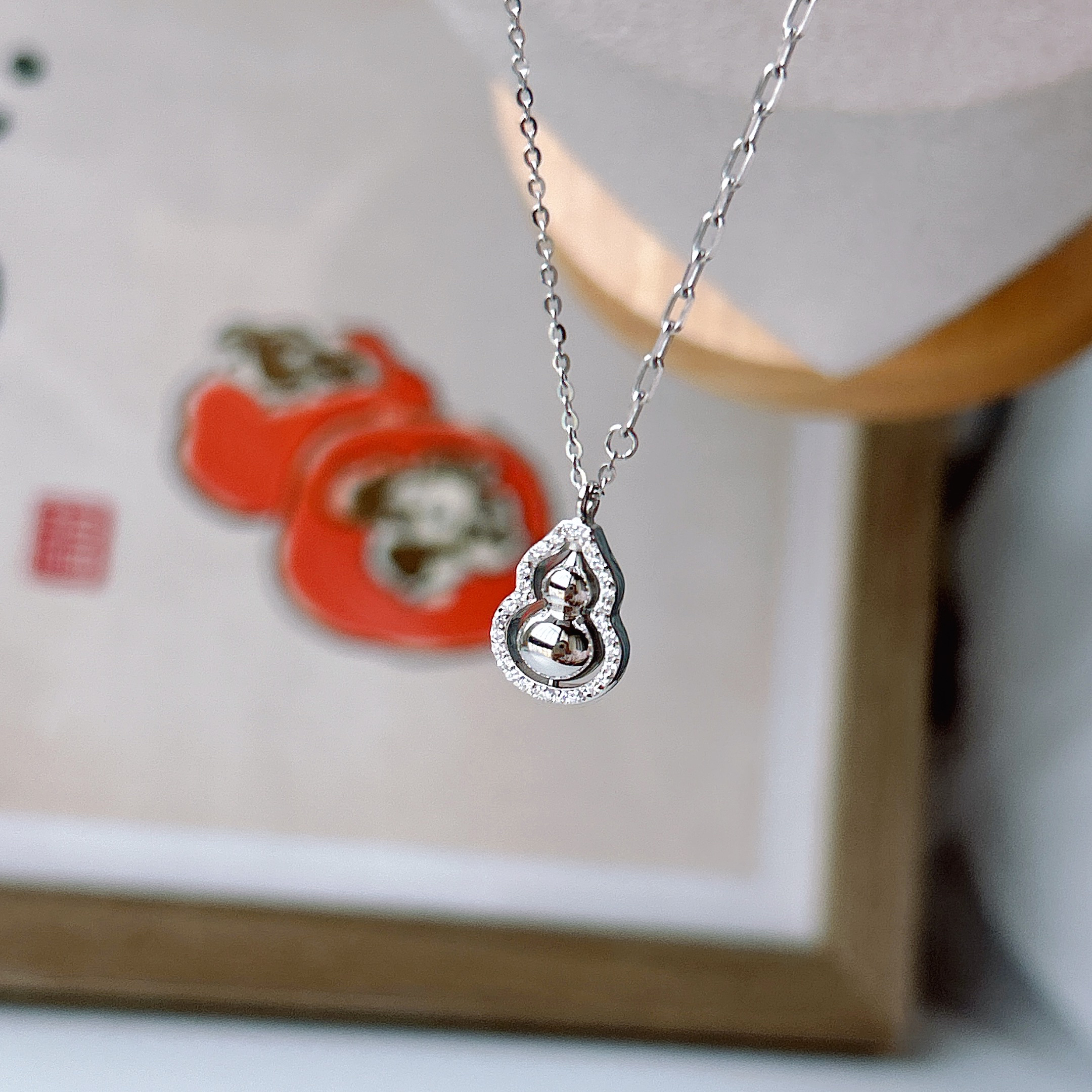 坠链均925银合成锆石 纯银葫芦可以旋转吊坠长度40加5