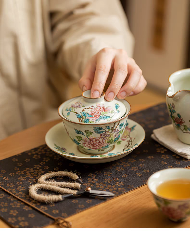 大容量复古汝窑开片三才泡茶碗牡丹盖碗