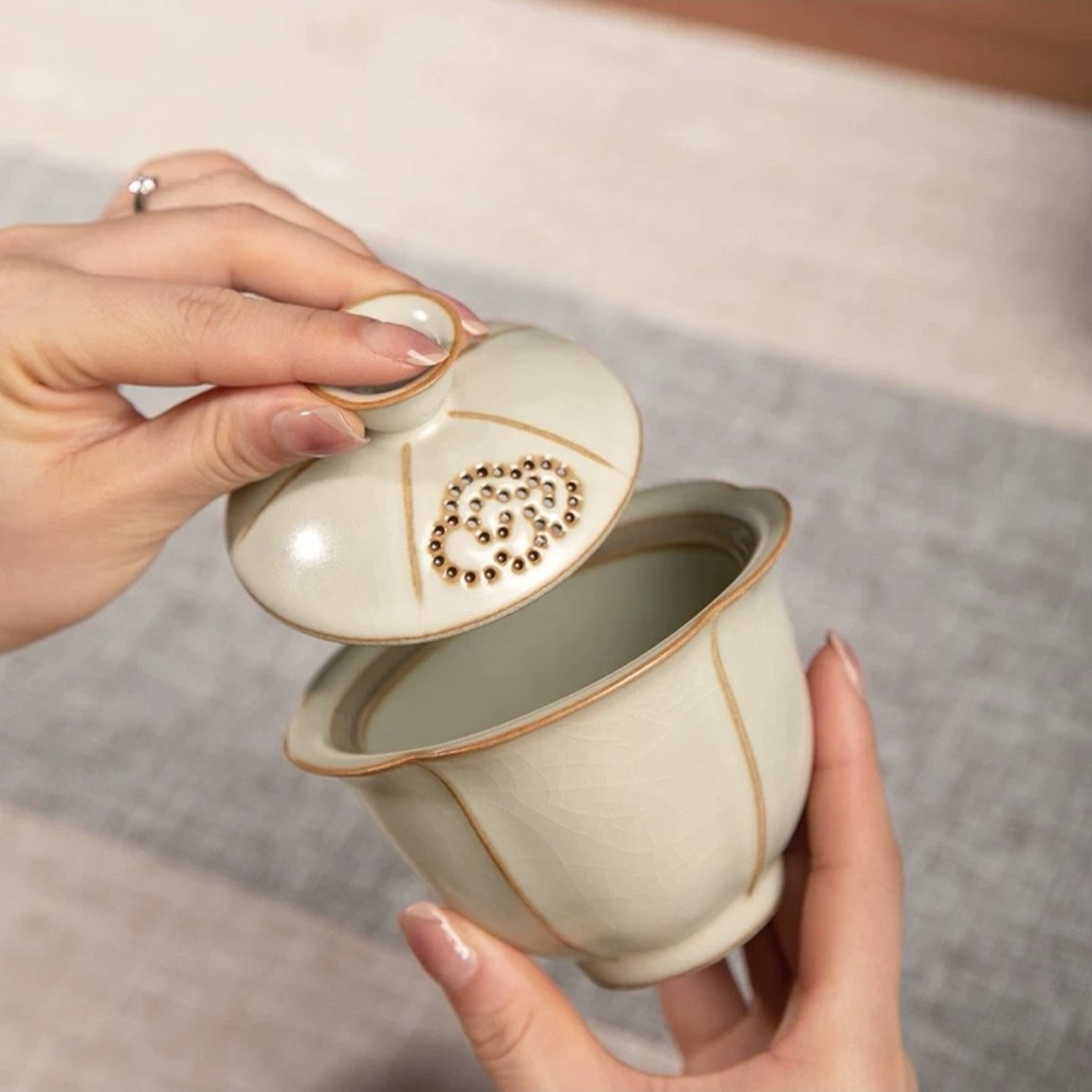 高档汝窑陶瓷盖碗功夫茶具单个泡茶碗家用茶杯