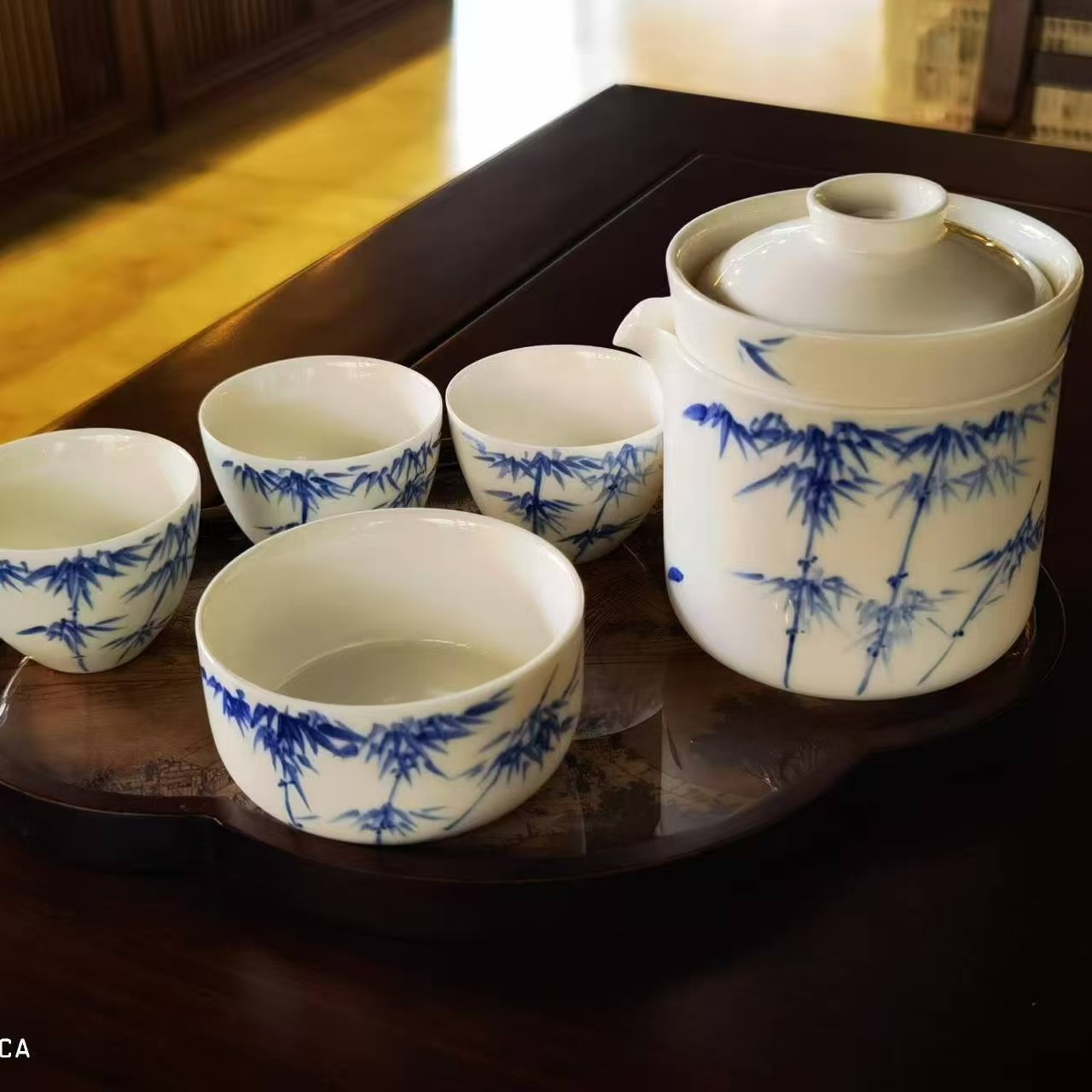 竹子图案羊脂玉瓷旅行茶具便携手绘户外茶具