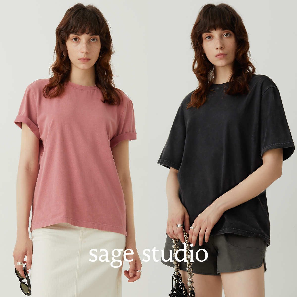 sagestudio 全棉炒盐工艺复古水洗做旧磨毛效果两色宽松T恤