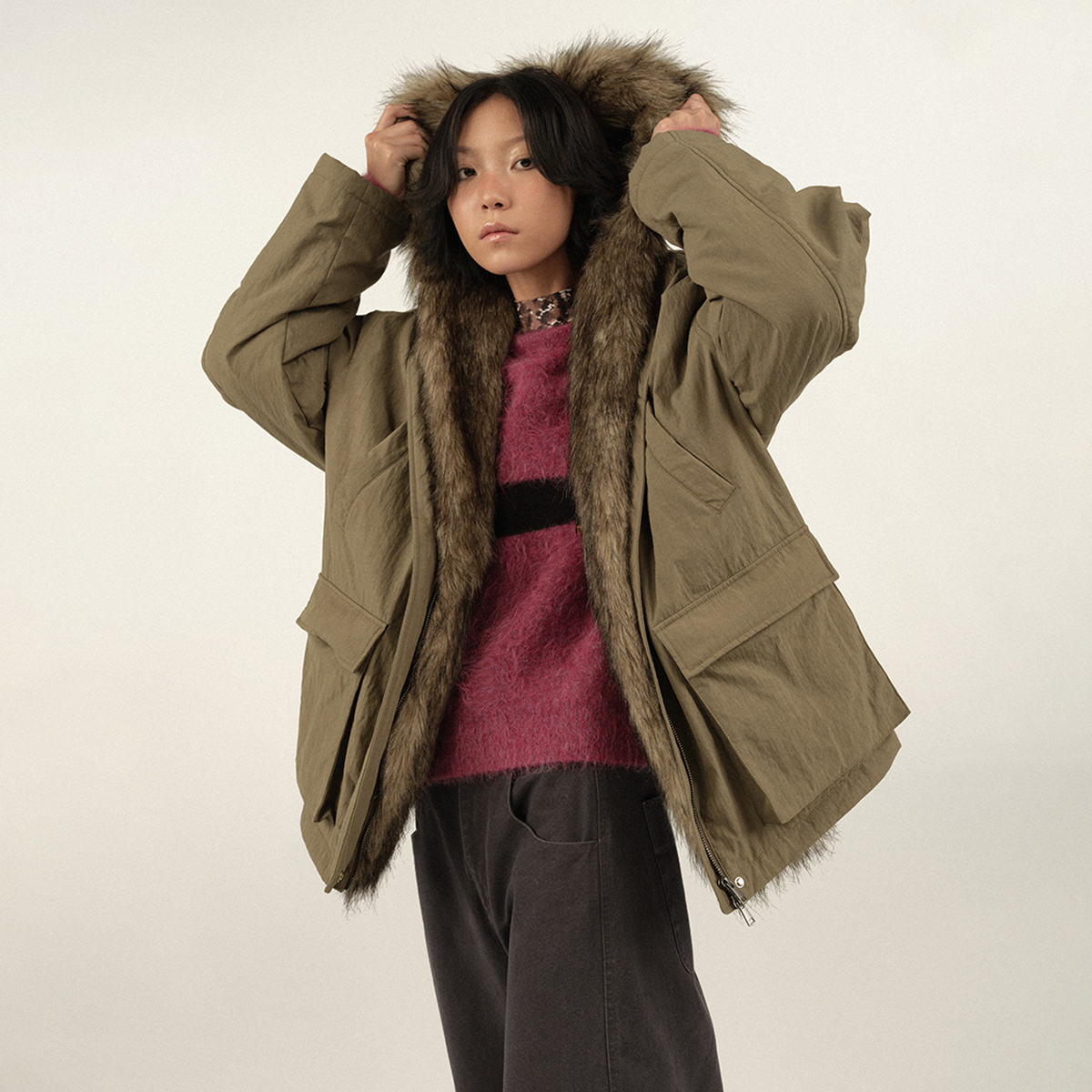 sagestudio 橡果绿棕可拆卸毛领肌理感温暖派克棉服