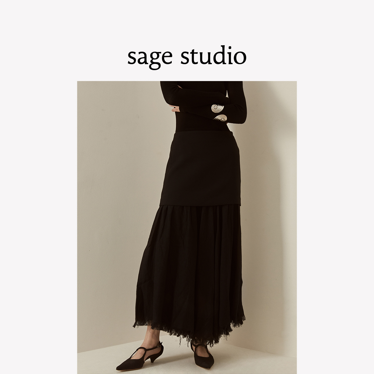 sagestudio 法国进口黑色拼接下摆拉毛半身裙
