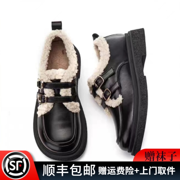 外穿英伦风小皮鞋时尚秋冬加绒百搭老钱风女单鞋乐福鞋厚底乐福鞋
