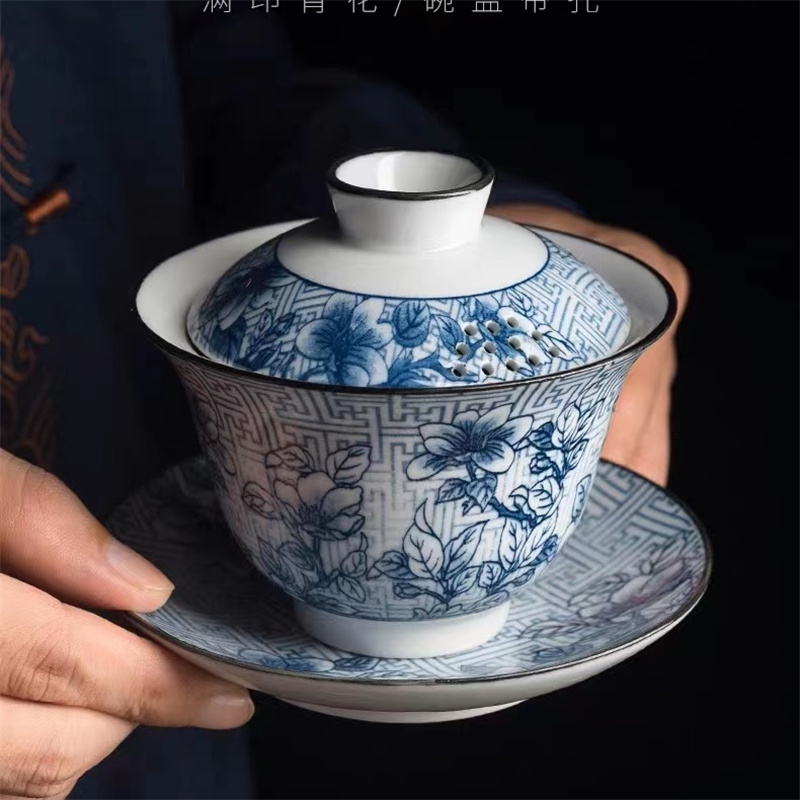 高档青花缠枝莲三才盖碗景德镇青花瓷盖碗高端家用复古泡茶碗茶具