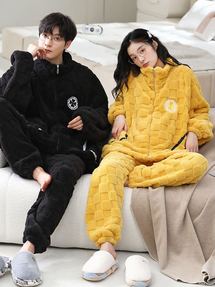 情侣款-【方格四叶草】2023款冬季上新加绒加厚保暖网红爆款睡衣
