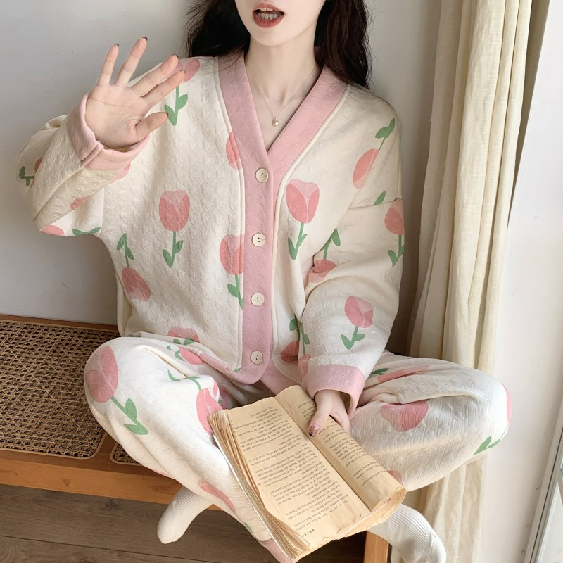 空气棉夹层-【百合千鸟格】2023款冬季厚款甜美睡衣套装