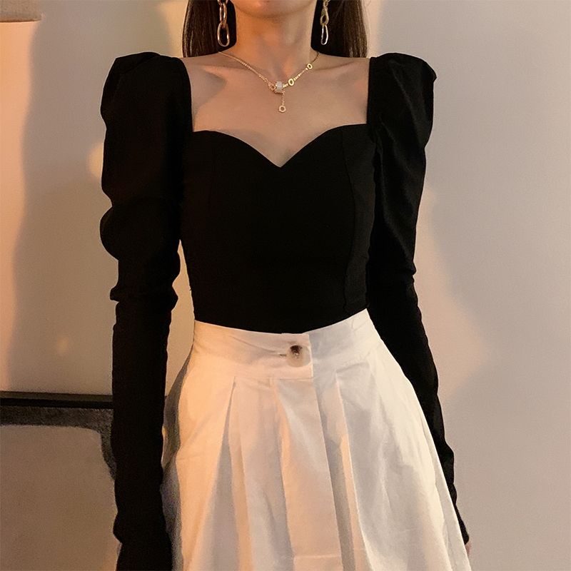 法式复古泡泡袖上衣女2023秋季新款设计感气质方领长袖上衣女T恤