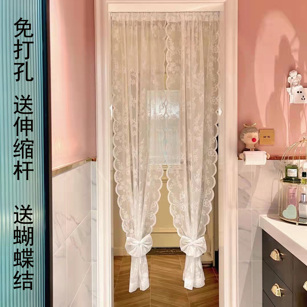 复古网红白色蕾丝门帘欧法式镂空纱帘隔断帘短帘波浪边免打孔定制
