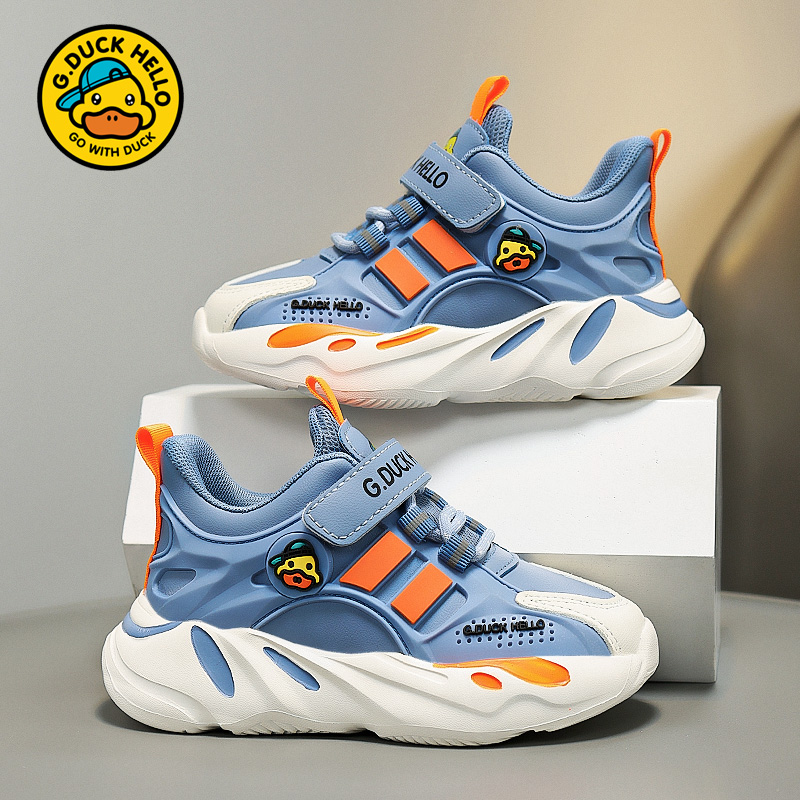 小黄鸭童鞋男童运动鞋2024春秋款防水皮面女童跑步鞋中小童休闲鞋