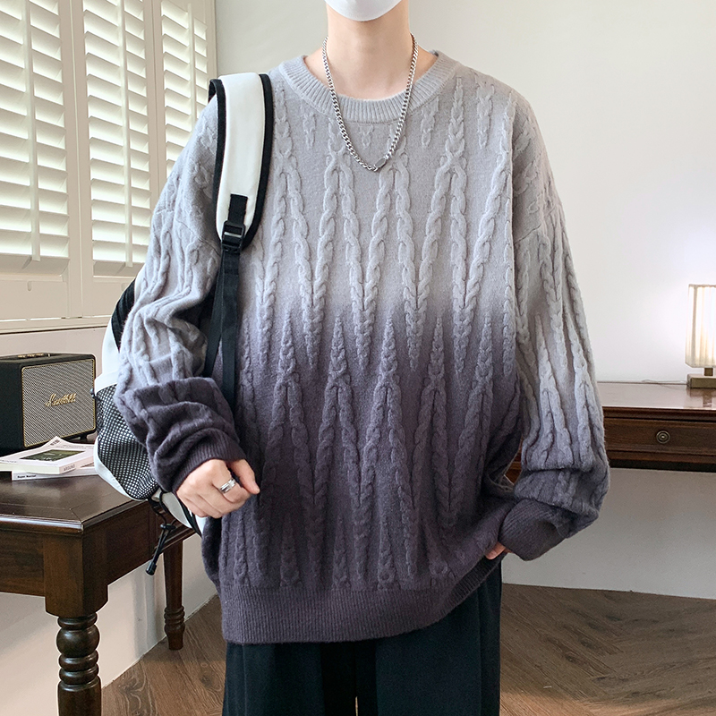 渐变色圆领毛衣男秋冬季新款青少年男生加厚针织衫保暖内搭毛线衣