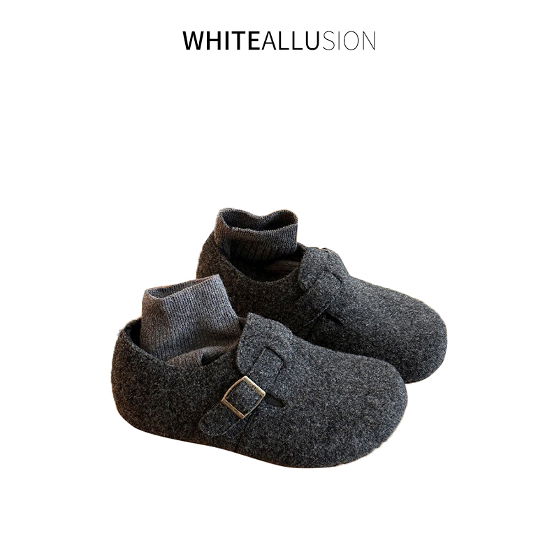 素典【毛毛勃肯鞋】复古圆头毛呢加绒勃肯鞋~冬季一脚蹬保暖鞋3336