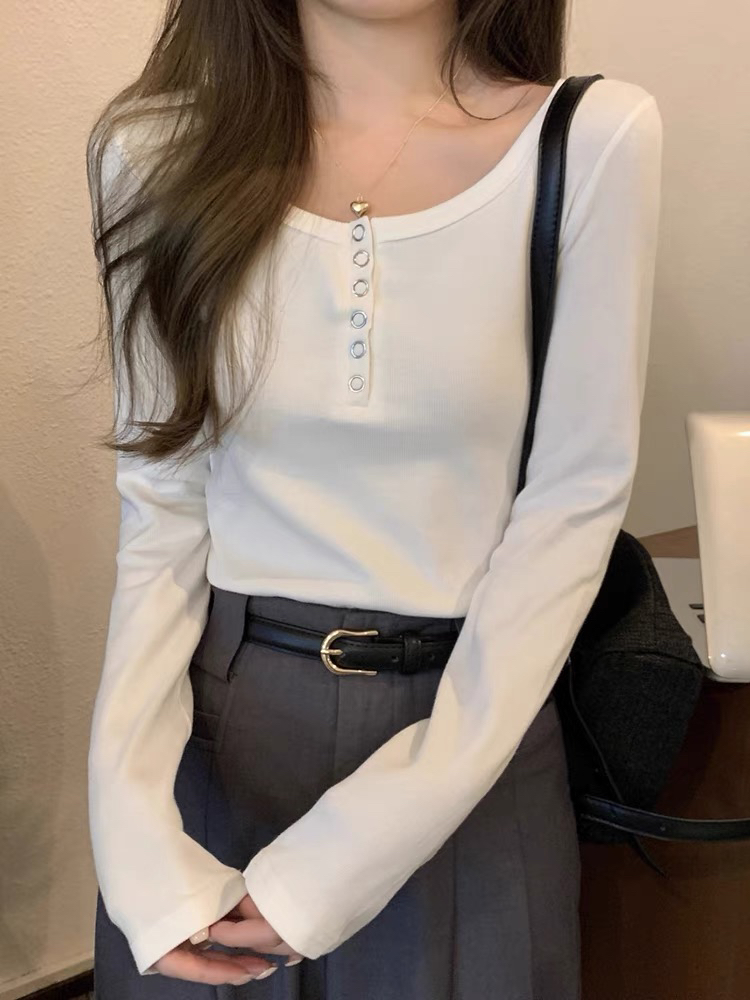 正肩t恤女长袖春秋2024新款修身显瘦设计感小众花灰色打底衫上衣