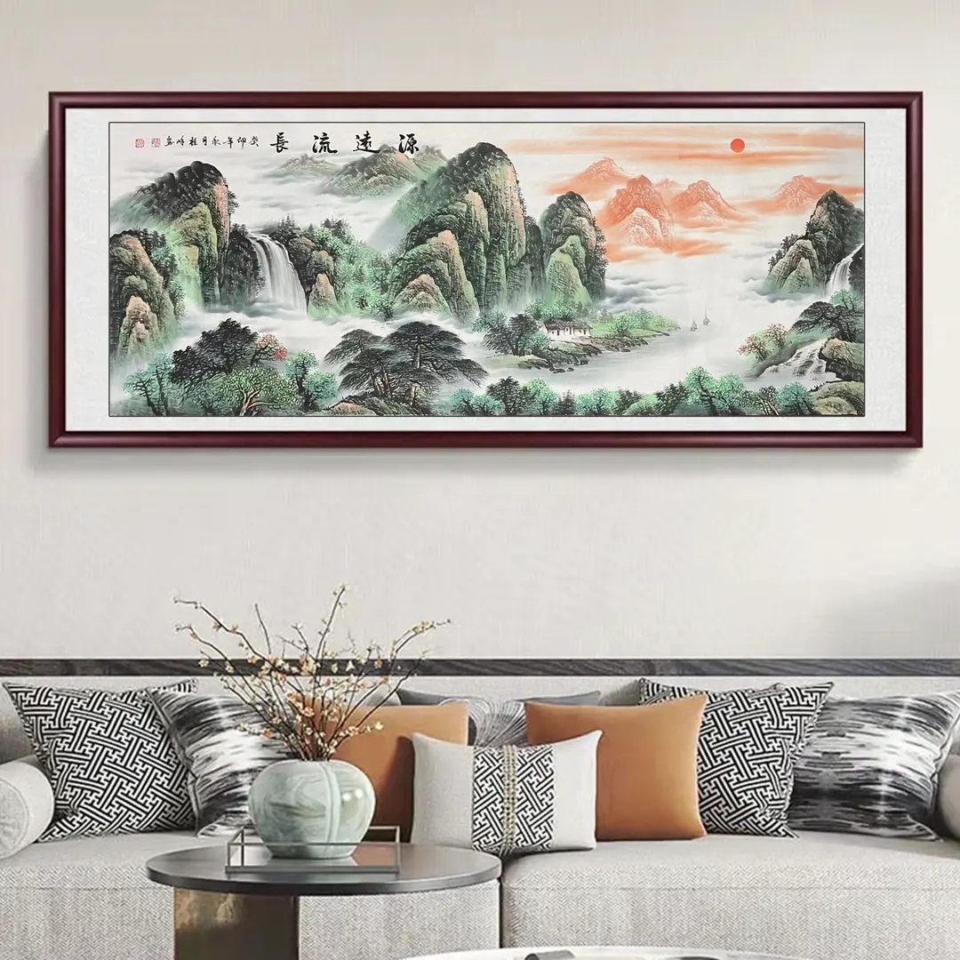 国画纯手绘《源远流长》国风山水画画心未装裱180*70厘米画心