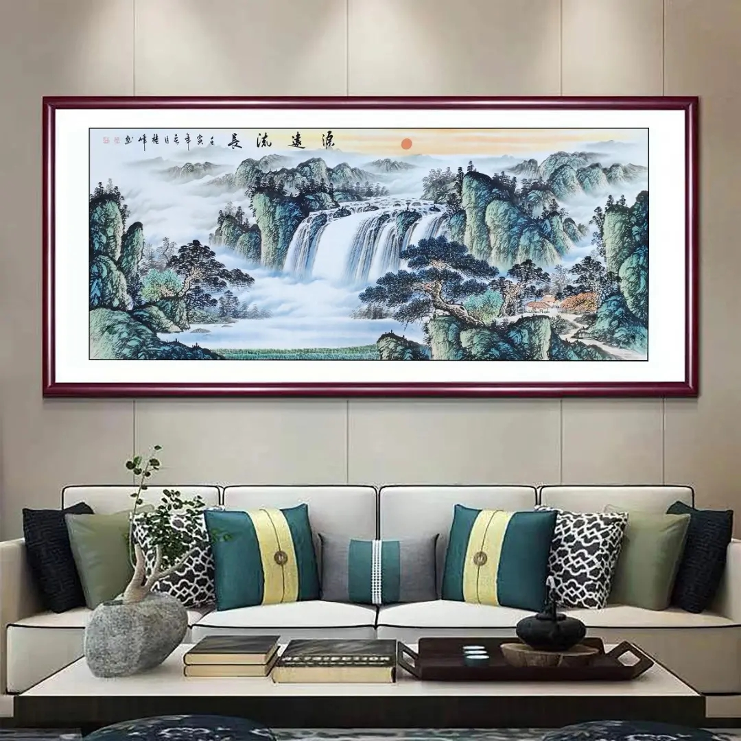 国画纯手绘《源远流长》国风山水画画心未装裱180*70厘米画心