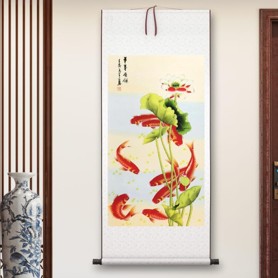 国画纯手绘《年年有余》工笔九鱼荷花图卷轴装裱170*80厘米