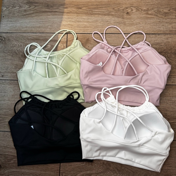 锦纶裸感挂脖式固定一体杯背心瑜伽运动健身上衣交叉肩带