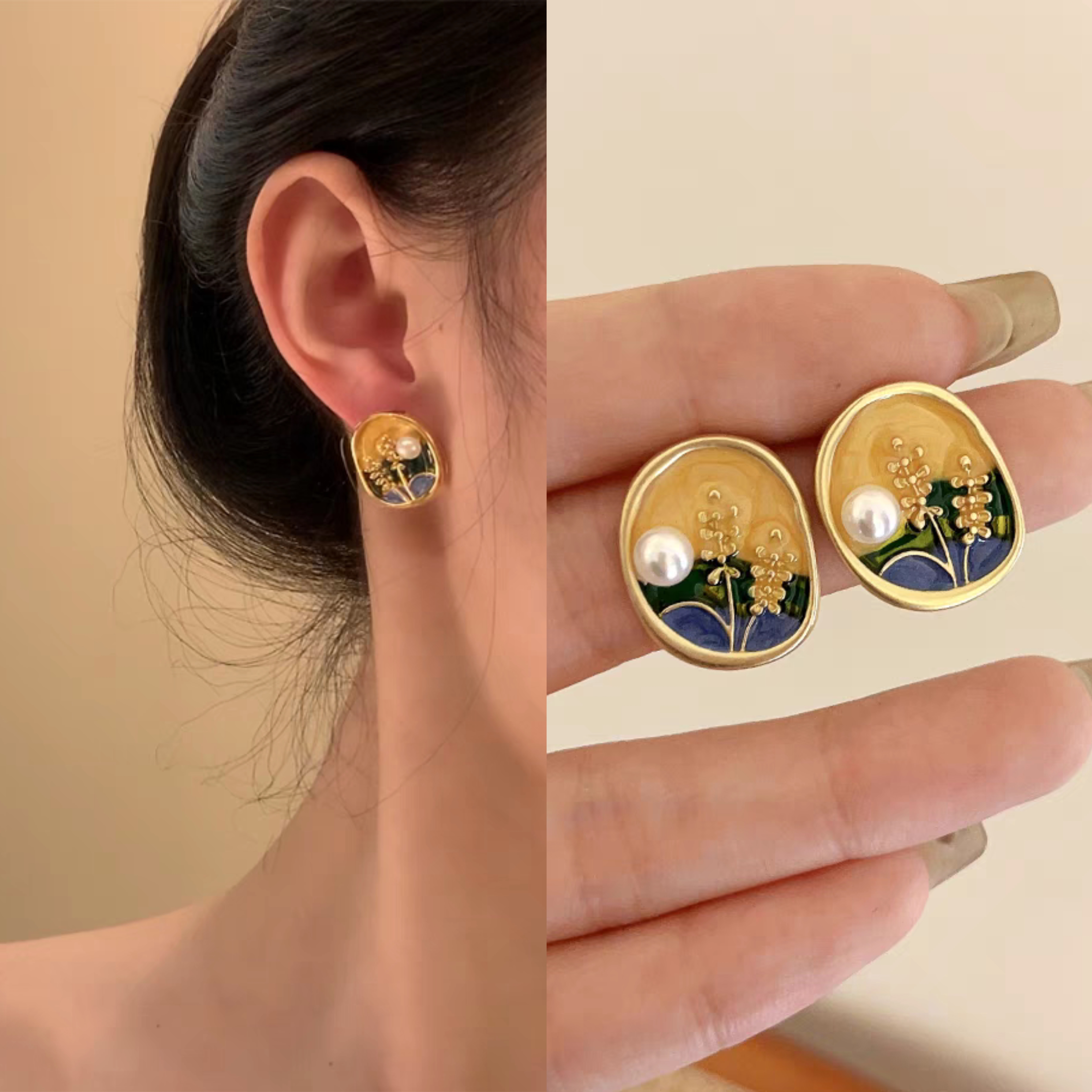 「田野麦穗」无耳洞滴油画中古耳环森系文艺复古独特蚊香盘耳夹