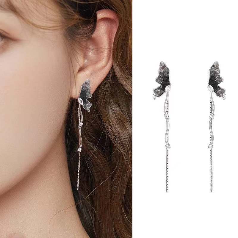 无耳洞「原野之翼」黑色蝴蝶流苏长款耳环甜酷冷淡风蚊香盘耳夹
