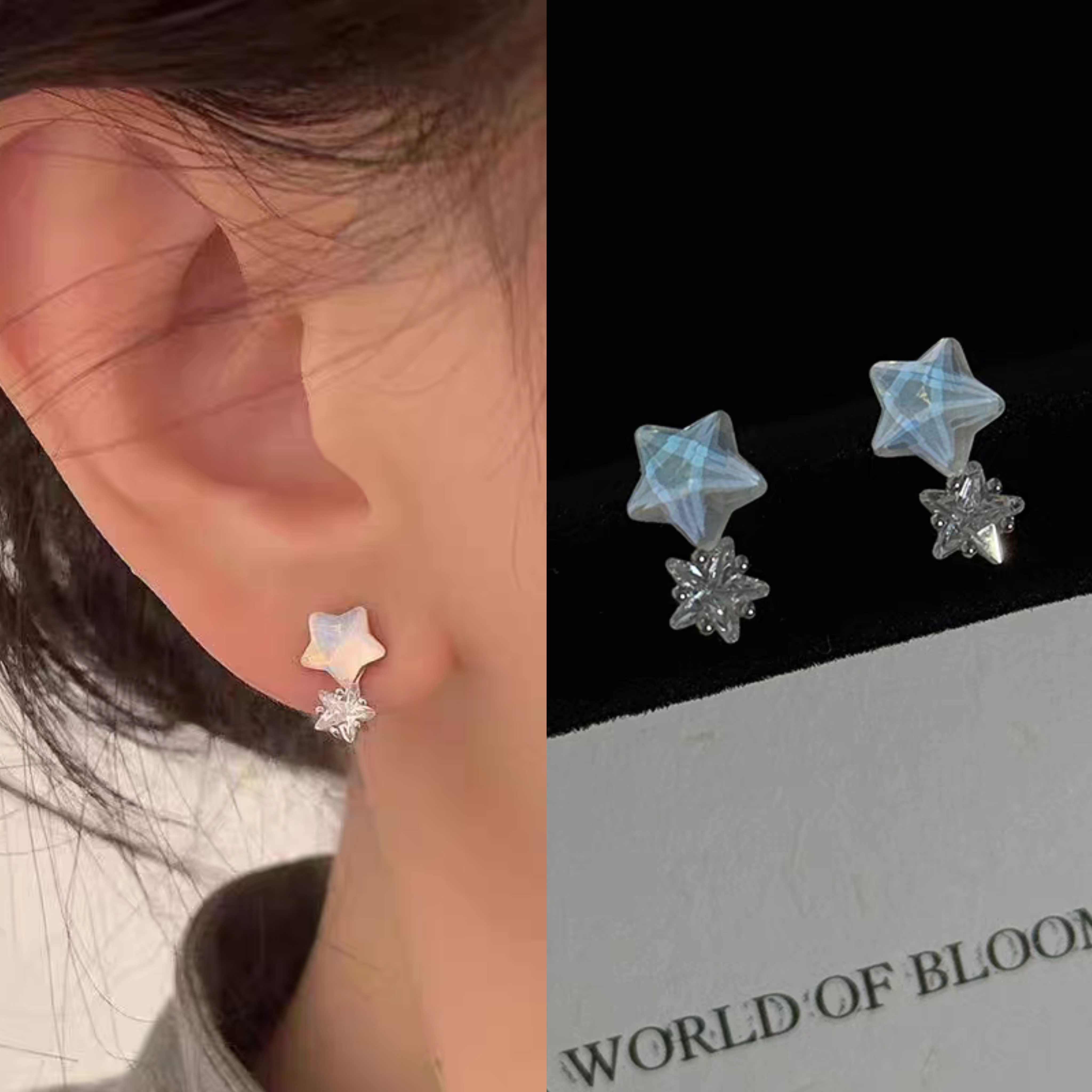 无耳洞「点点星光」蓝色星星可爱耳针小巧精致气质百搭蚊香盘耳夹