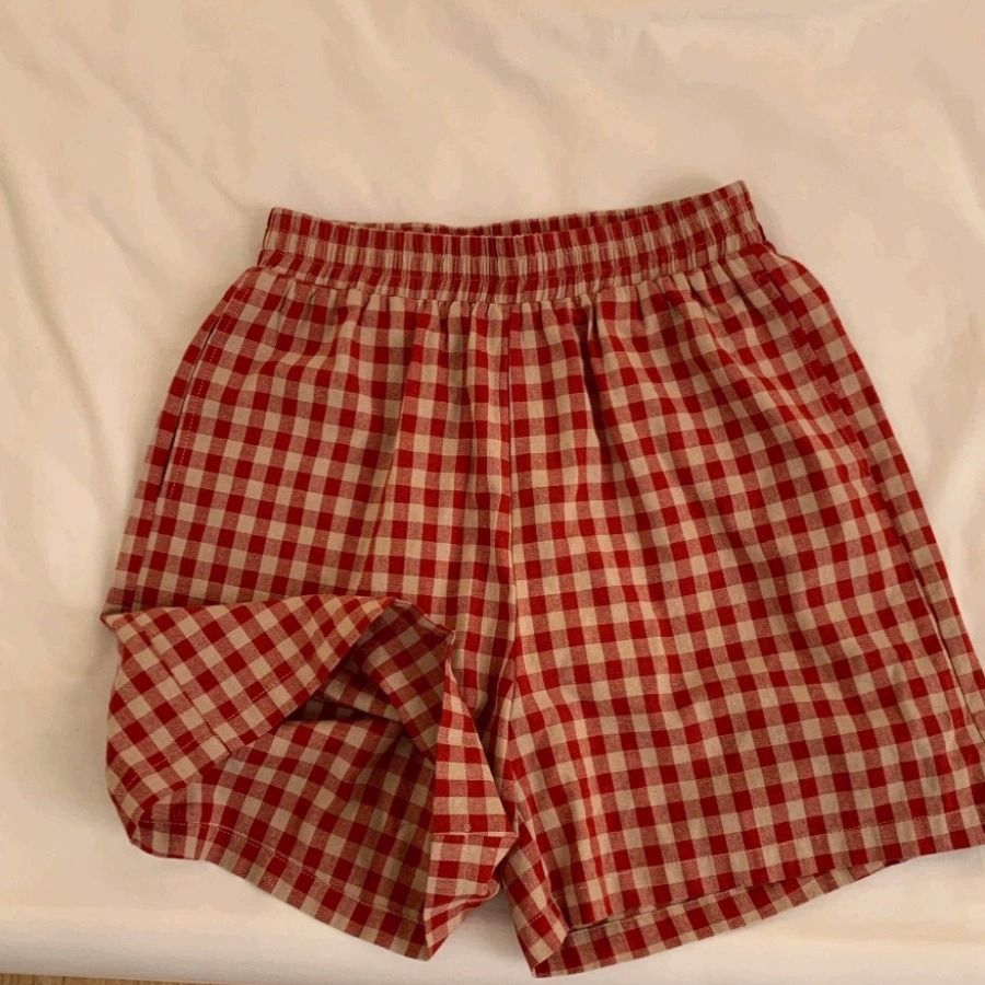 韩版少女修身短袖睡裤女夏款2024年新款格纹短裤家居服套装可外穿