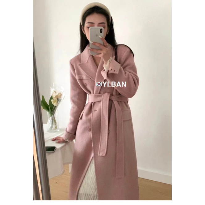 粉色毛呢2024新款高级感韩版呢子外套长款气质双面呢轻奢时尚女士
