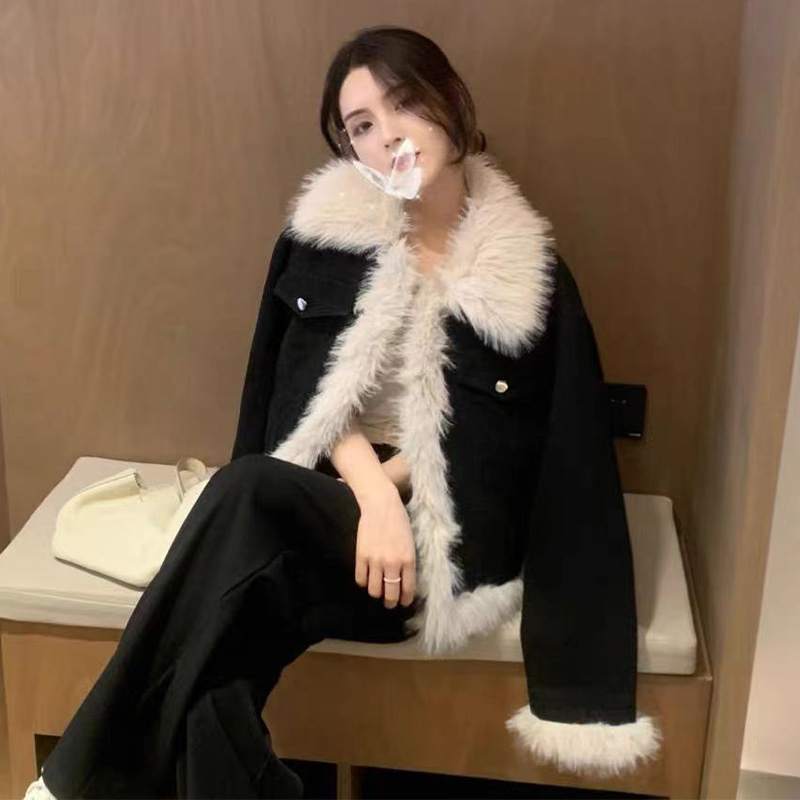 牛仔【入冬战袍】牛仔毛毛加厚棉服2025冬季高级感毛绒外套女