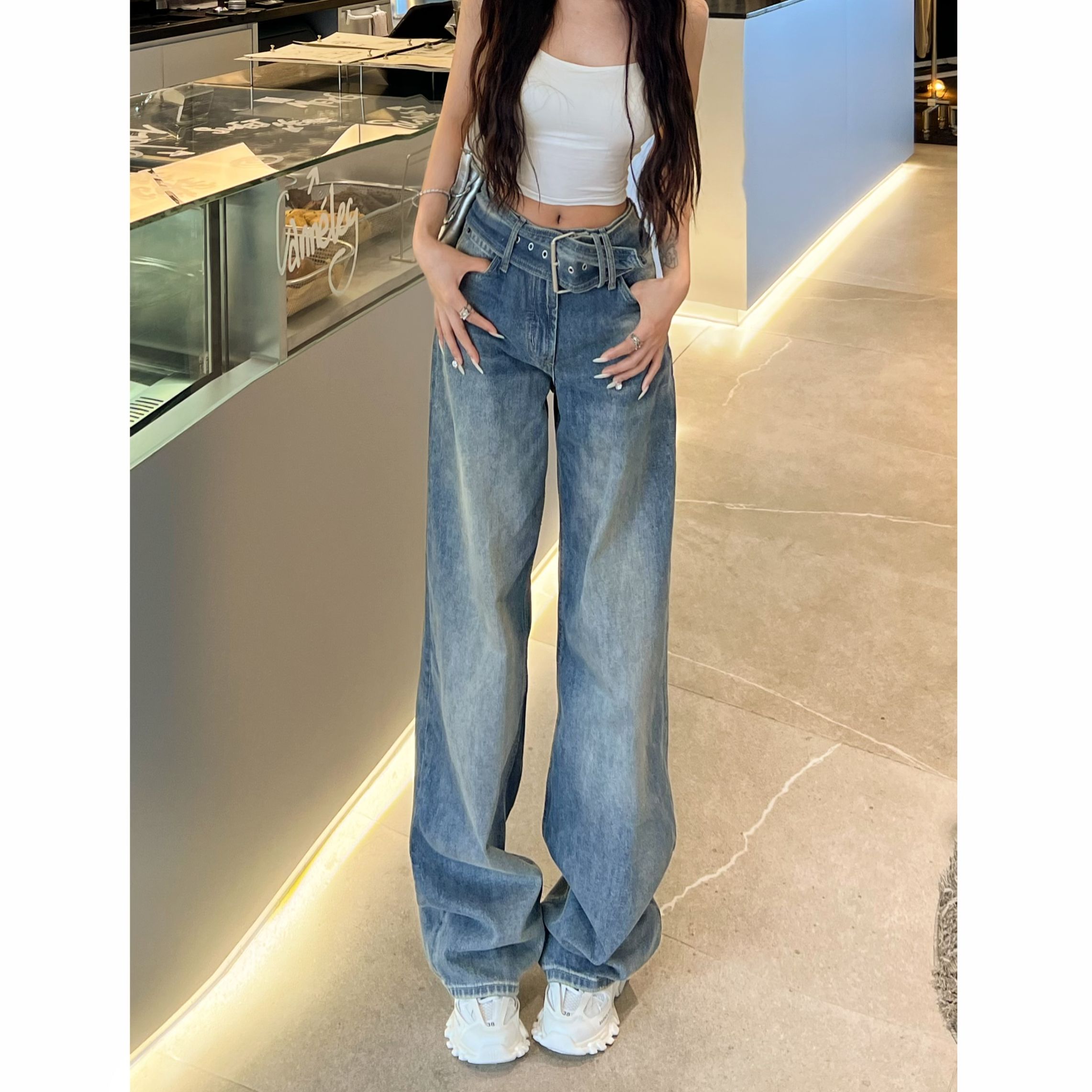 设计感宽腰带低腰阔腿牛仔裤女2025年秋季新款百搭显瘦阔腿长裤