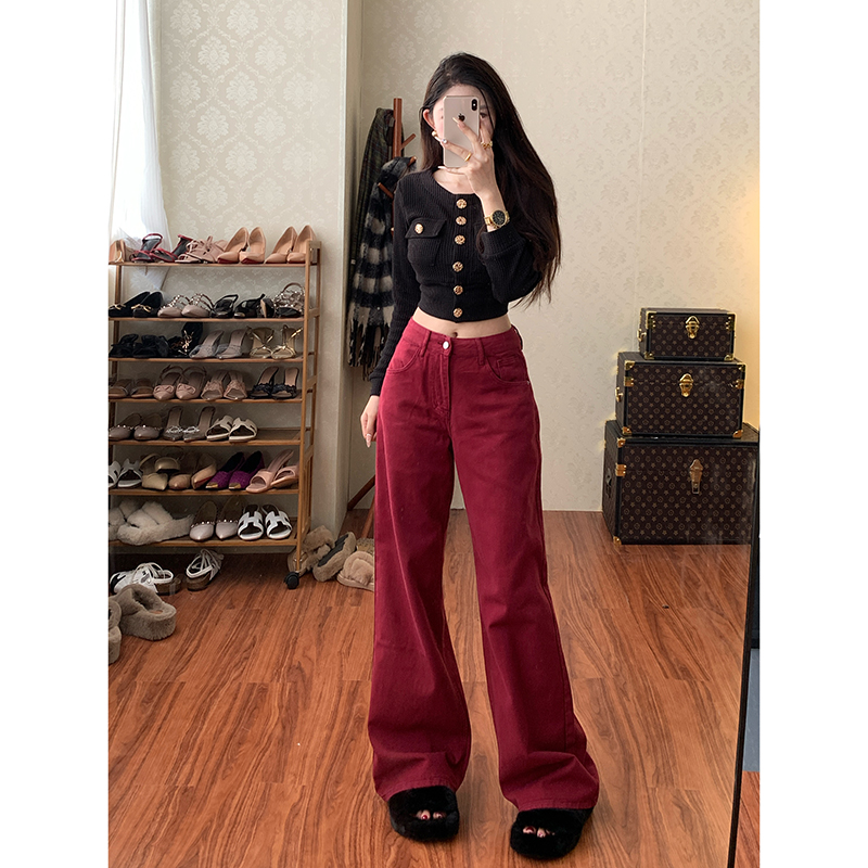 安可拉红阔腿牛仔裤女2025年冬季新款高腰宽松显瘦显高直筒长裤