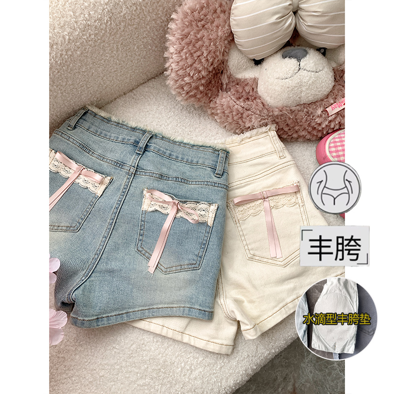 蕾丝蝴蝶结丰胯牛仔短裤女25春季新款高腰减龄显瘦a字短裤蛮腰纪